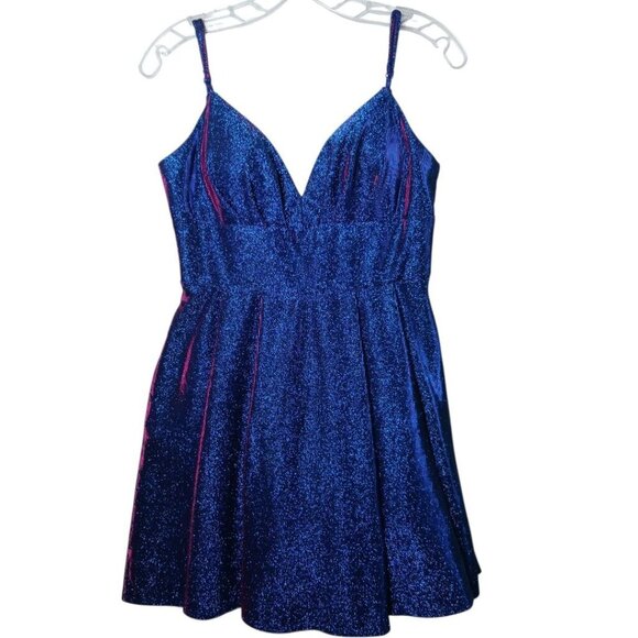 B.Darlin Glitter knit Skater Party Dress Spaghetti Straps Saphire/Fuschia 11/12 - Picture 4 of 11